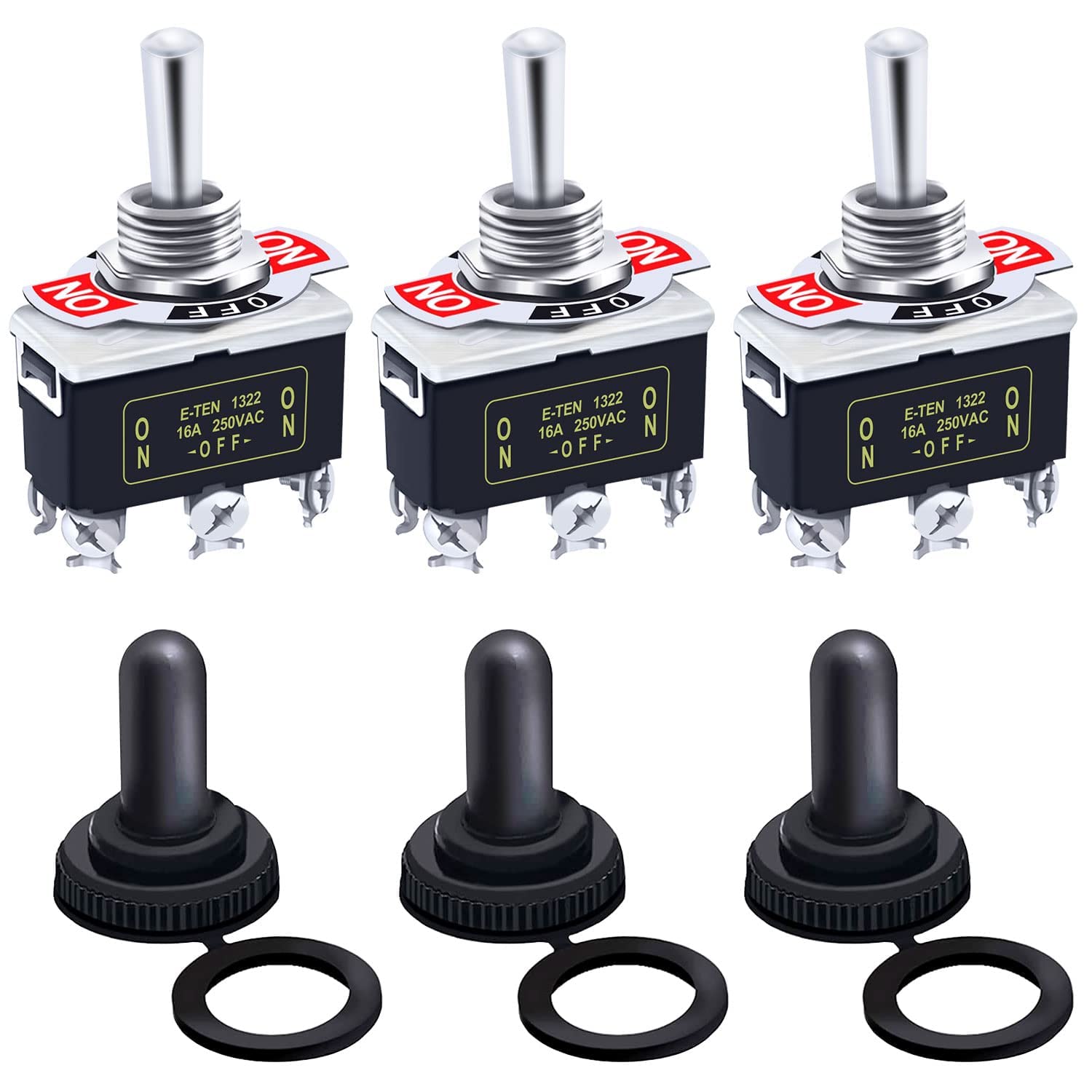 mxuteuk 3Pcs Heavy Duty Rocker Toggle Switch 20A 125V DPDT 3 Position 6 Pin ON/Off/ON Switch with Metal Bat Waterproof Cap, 2 Years Warranty Ten-1322-3mz-B203