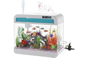 WILODY Fish Tank Aquarium 6.3 Gallon with Music Humidifier 7 Color Auto-Looping Light Adjustable Pump with Filtration & Aeration & Circulation, Temperature Display, Bottom Water Changer, HD Glass