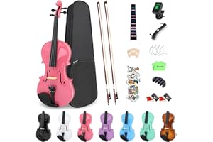 Oneder 4/4 Rainbow Violin Set Full Size Fiddle for Adults Beginners with Hard Case, Shoulder Rest, Rosin, Bow, Tuner, Extra Bridge Strings, 10 Music Stickers (Pink)