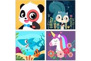 CEUHROG 4 Pack Paint by Numbers for Kids Ages 4-8, 8-12 Children Beginners Easy Acrylic Watercolor Paint Numbers Canvas Art for Kids, DIY Cartoon Animals Oil Painting for Home Wall Decor