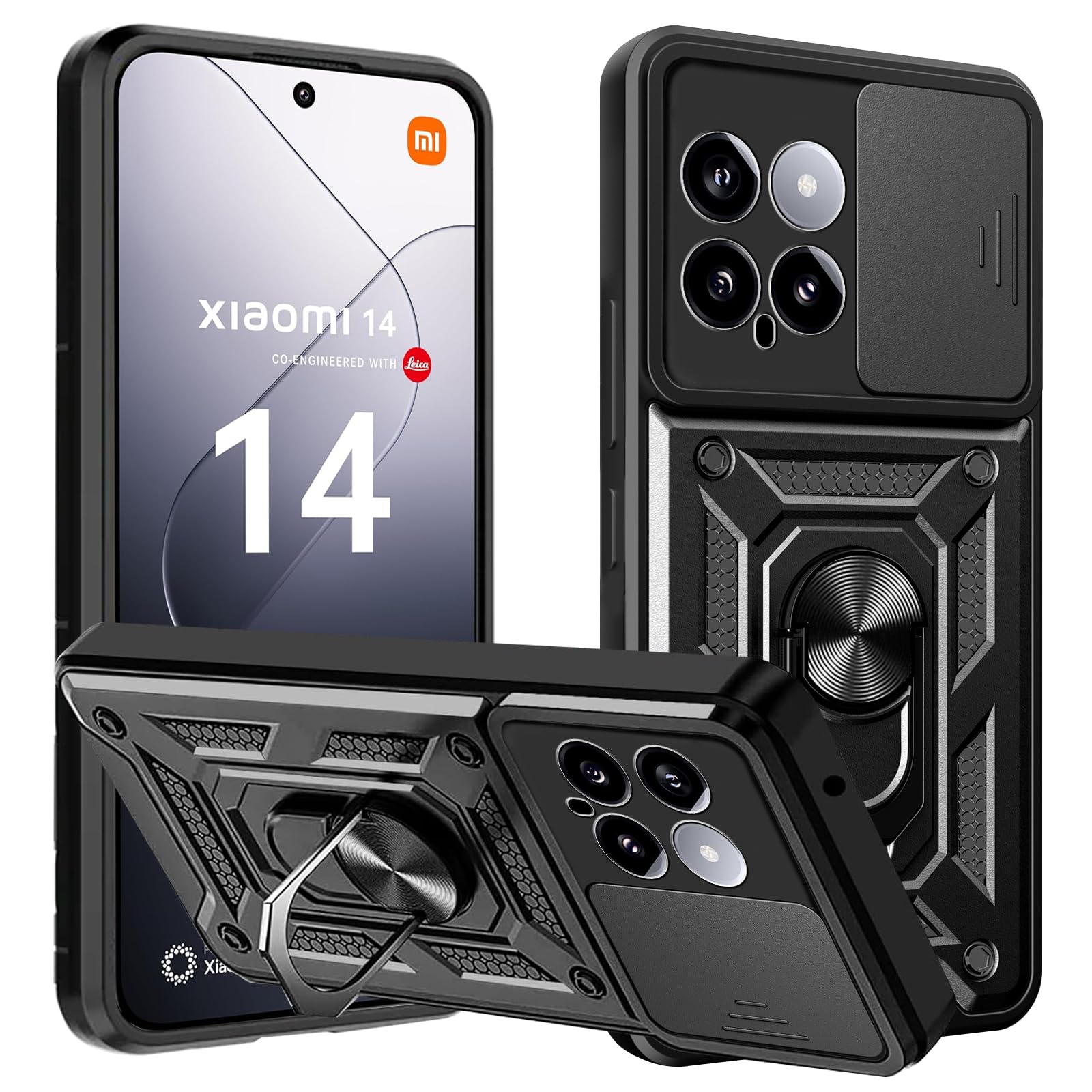 KZIOACSH Case for Xiaomi 14 5G, [360 Rotaring Kickstand][Slide Camera Cover]Hybrid Soft TPU Frame+ Hard PC Back Case Military Grade Anti-Scratch Shockproof Rugged Bumper Phone Cover for Xiaomi 14