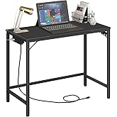 HOOBRO Computer Desk, Home Office Desk with Power Outlet, Modern Study Writing Desk with 3 Hooks for Study Room, Home Office, Sturdy and Stable, Easy to Assemble, Black BB40UDN01