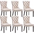 Eifizek Velvet Dining Chairs Set of 6, Tufted Dining Room Chairs with Nailhead Ring Pull Trim, Upholstered Dining Chairs with Solid Wood Legs for Kitchen Dining Room (Beige)