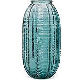 Unique Cylinder Shaped Green Glass Flower Vase-9.8 inch Tall,Simple Striped Design for Home Decor,Centerpieces, Wedding, Dining Table, Arrangement.
