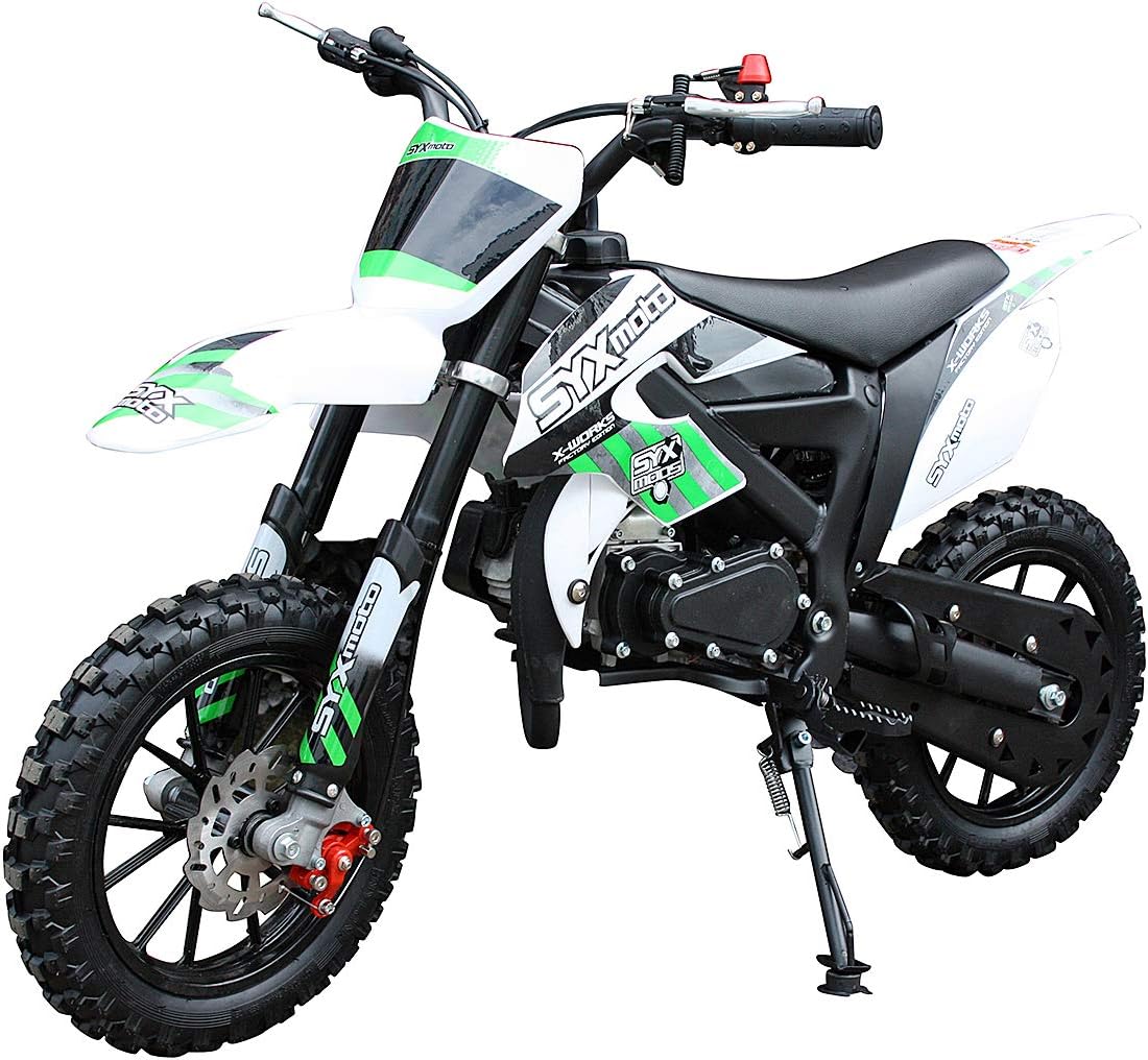NEW 2019 SYX Kids Dirt Bike, 49.9cc, 2 stroke, gas powered (White w/Green Decals)