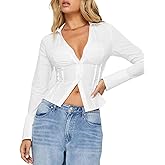 Pivanzore Women Y2k Button Down Shirt Long Sleeve Collared V Neck Crop Blouse Sexy Slim Fit Solid Color Dressy Top Streetwear