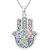 LEECCI Chakra Hamsa Necklace 925 Sterling Silver Evil Eye/Scarab Hamsa Hand Pendant Lotus Fatima Jewelry for Women
