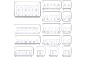 Manalete Drawer Organizers Set of 15, 4 Sizes Clear Plastic Drawer Organizers and Storage Bins for Kitchen, Bathroom, Office, Dresser Desk Drawer Organizer Tray for Jewelry, Makeup, Junk, Gadgets