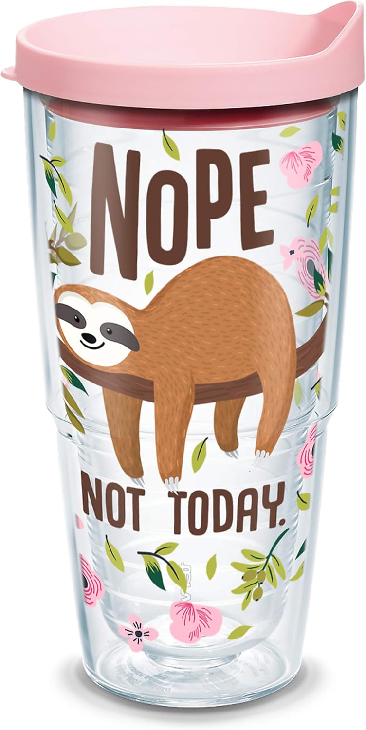 Tervis 1303153 Sloth Nope Not Today Insulated Tumbler with Wrap and Pink Lid, 24 oz, Clear