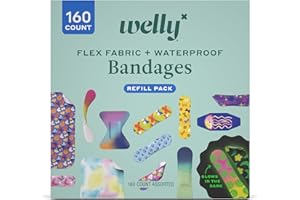 Welly Bandage Large Refill Pack | Adhesive Flexible Fabric, Glow-in-The-Dark & Waterproof Bandages | Assorted Shapes and Patterns for Minor Cuts, Scrapes, and Wounds - 160 Count