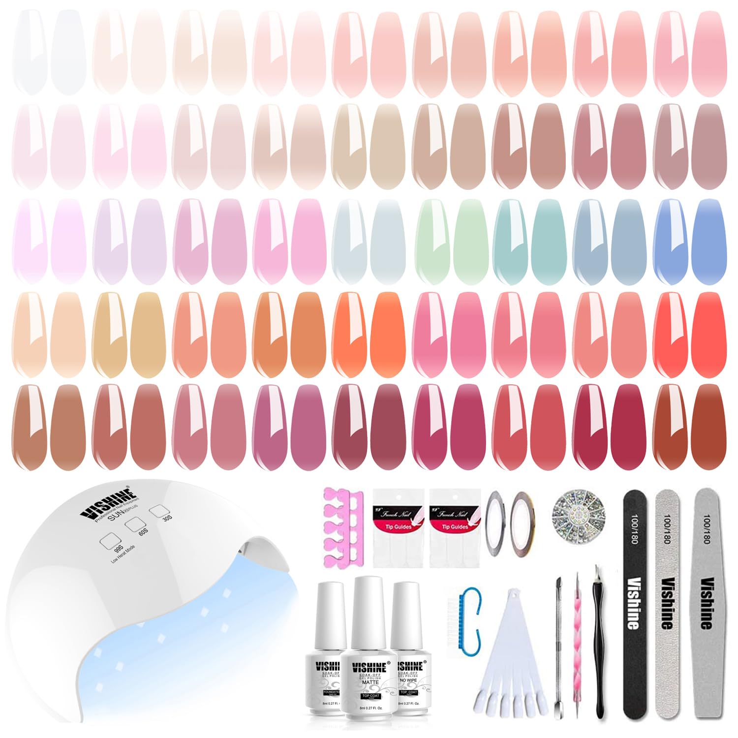 Vishine Gel Polish Starter Kit with UV LED Nail Lamp - 45 Colors, Pink Jelly Nude Gel Polish, Top & Base Coat, Matte Top Coat & Nail Art Tools