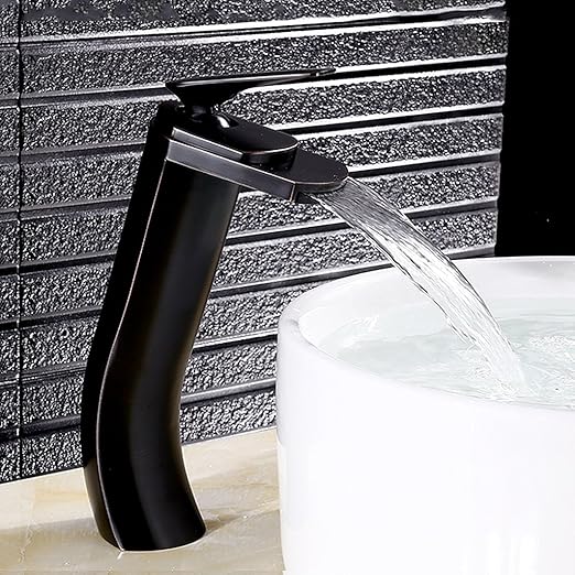 Bathroom Sink Faucet Waterfall Spout Single Handle One Hole Water Tap With Supply Hose Flat Spout For Commercial Faucet 11 Inch Heightening Deck Mount Lavatory Brass Chrome Color Black Amazon Com