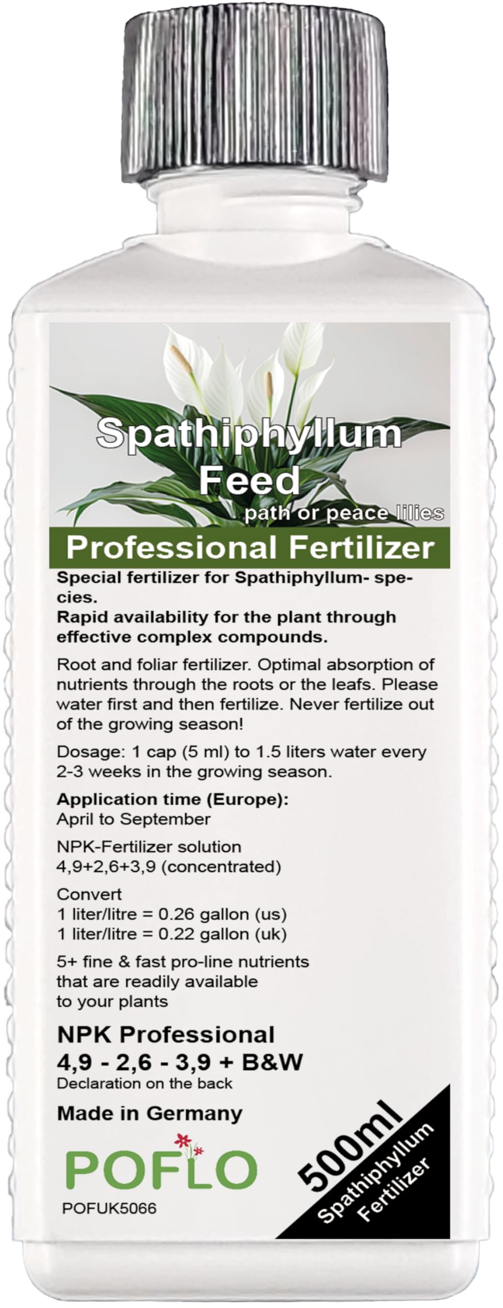 POFLO Special fertilizer for peace lilies Spathiphyllum- species. Rapid availability for the plant through effective complex compounds. 500ml