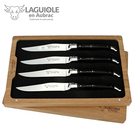 Laguiole en Aubrac - 4er Set Steakmesser Frankreich - Griff Ebenholz - Backen und Klinge glänzend - edle französische Tafelme