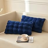 LIFEREVO Set of 2 Faux Rabbit Fur Decorative Lumbar Throw Pillow Covers, 12x20 Plush Shaggy Bubble Waffle Pillow Shams with Zipper, Furry Accent Pillowcases for Bed Couch Bench Home Decor, Navy Blue
