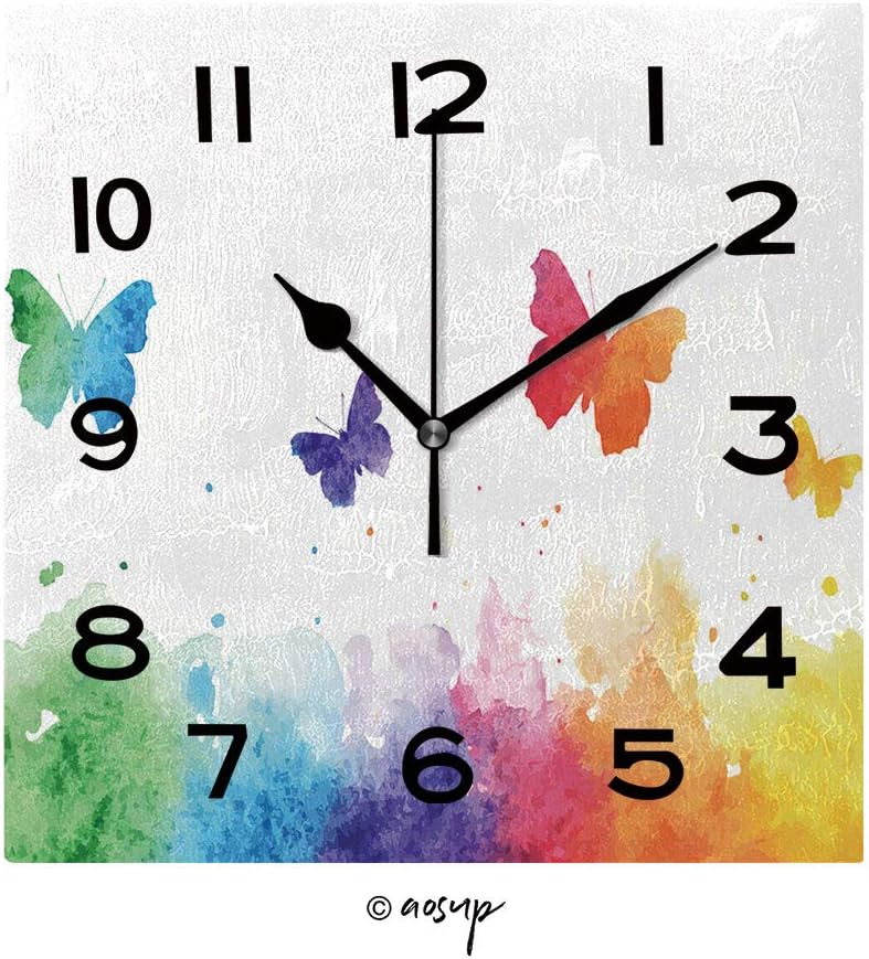 YOLIYANA 8 Inch Square Face Silent Wall Clock Rainbow Watercolor Splash Background with Flying Butterflies Unique Contemporary Home and Office Decor