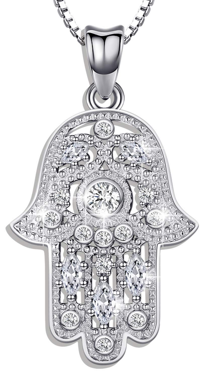 Aniu 925 Sterling Silver Necklace for Women, Hamsa Hand Pendant, Evil Eye Necklaces, Fatima Pendant with Cubic Zirconia, Good Luck Jewellery Gift for Women Girls Comes with Black Jewellery Gift Box — image 1