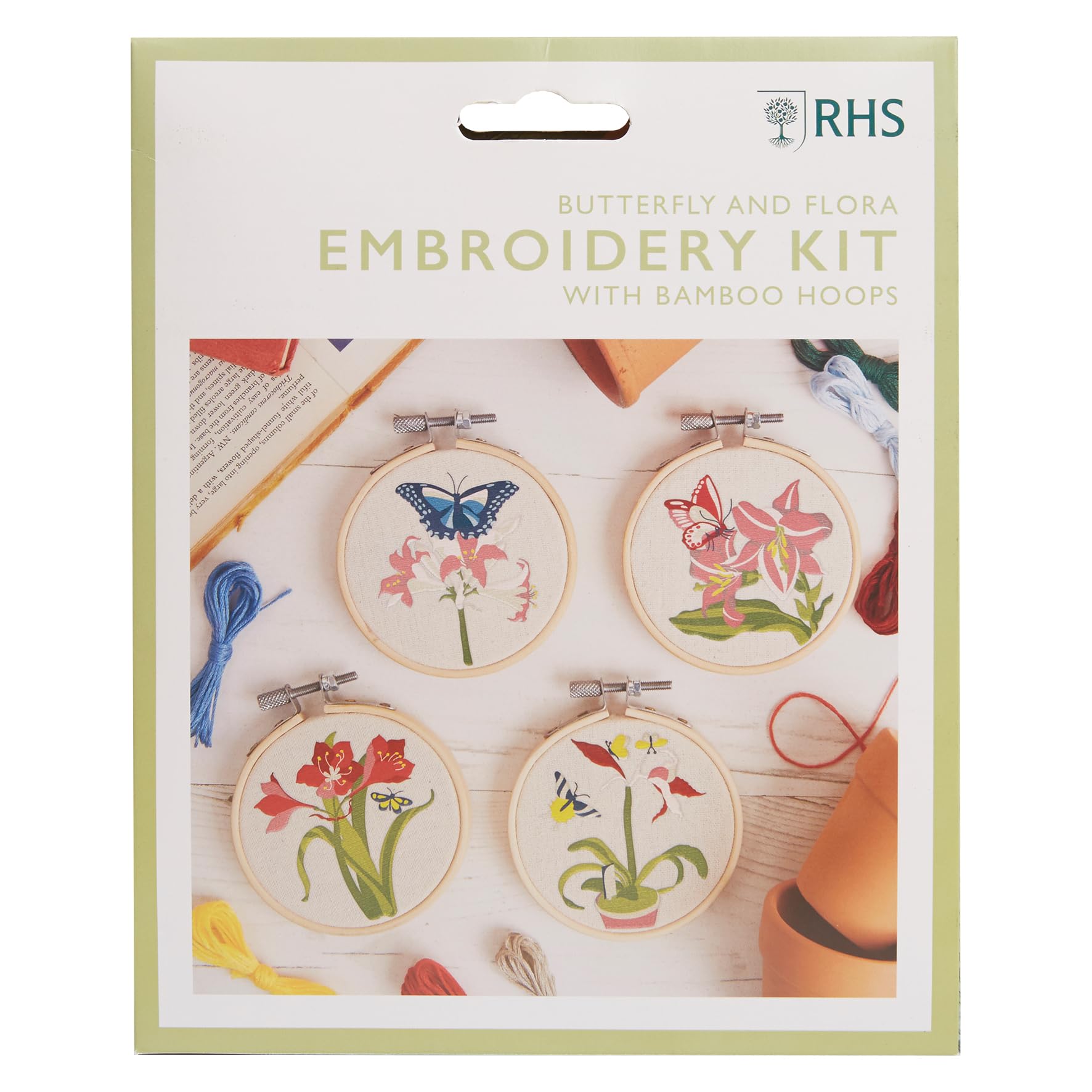 RHS The Royal Horticultural Society Embroidery Hoop Decoration Kit, Butterfly and Flora Designs, (Pack Of 4), Embroidery Kits For Adults & Adults Beginners, Gift Idea, Embroidery Pattern