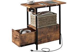 LIDYUK End Table with Charging Station, Narrow Side Table with Drawer and USB Ports & Power Outlets, Nightstand Bedside Tables for Small Spaces, Bedroom, Living Room, Rustic Brown