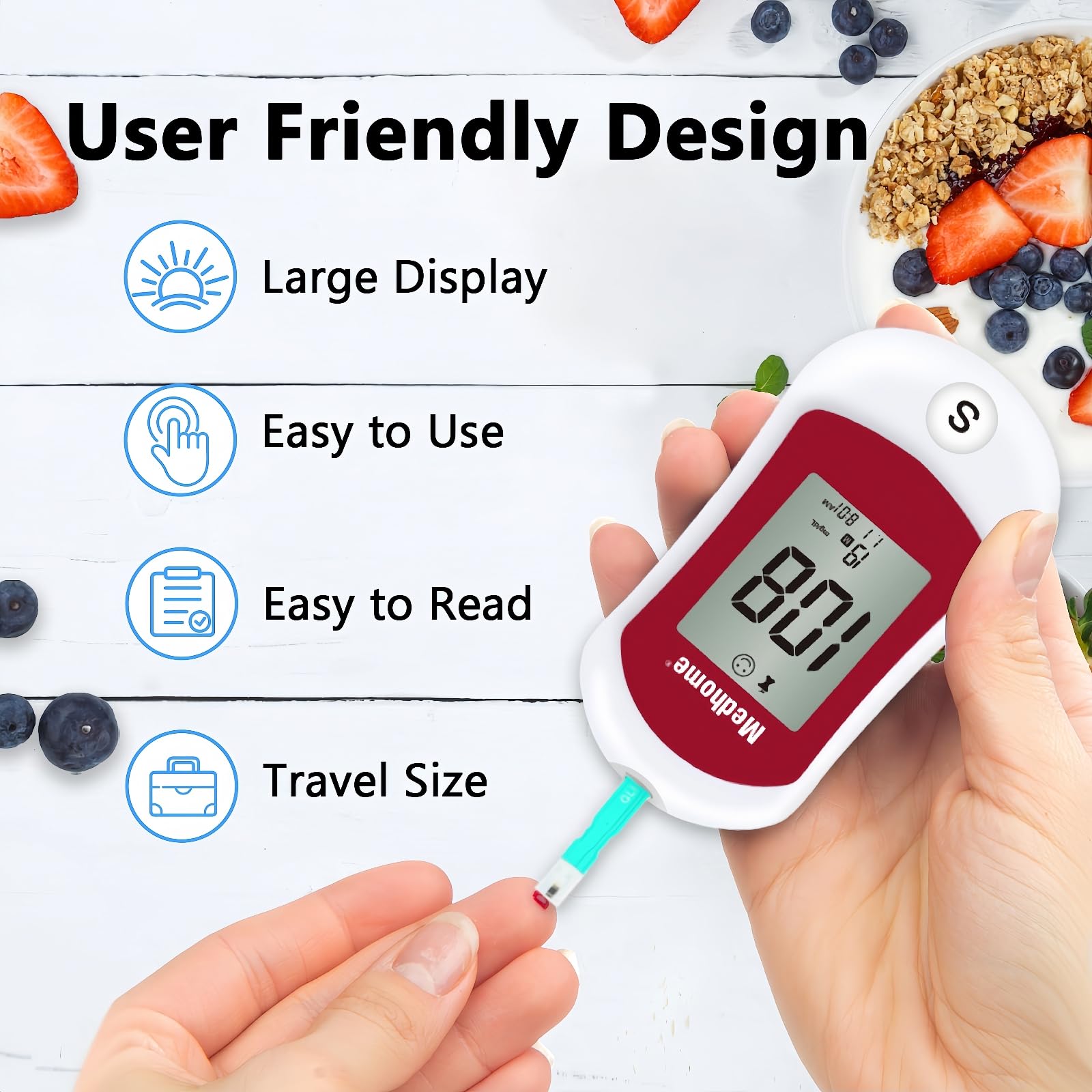 Blood Glucose Monitor Kit, Diabetes Testing with 100 Glucometer Strips,100 30G Lancets, 1 Lancing Device, 1 Blood Sugar Monitor with Control Solution, Large Menory Capacity, No Coding.