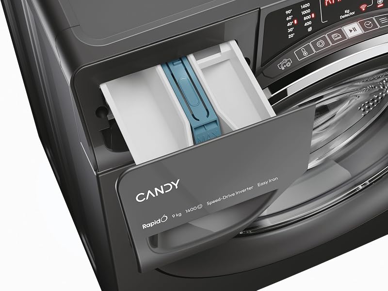 Máquina de lavar candy rapido ro1496dwmcrt/1-s 9 kg, 1400 rpm, tela de texto inteligente, painel de toque inteligente, wi-fi, snap & wash, 16 ciclos, 9 rápidos, motor de acionamento de velocidade inversora, função vapor, 76 db, antracite