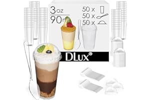 DLux 50 x 3oz Mini Dessert Cups with Lids & Spoons, Shooter - Clear Plastic Parfait Appetizer Cup - Small Reusable Cups for T
