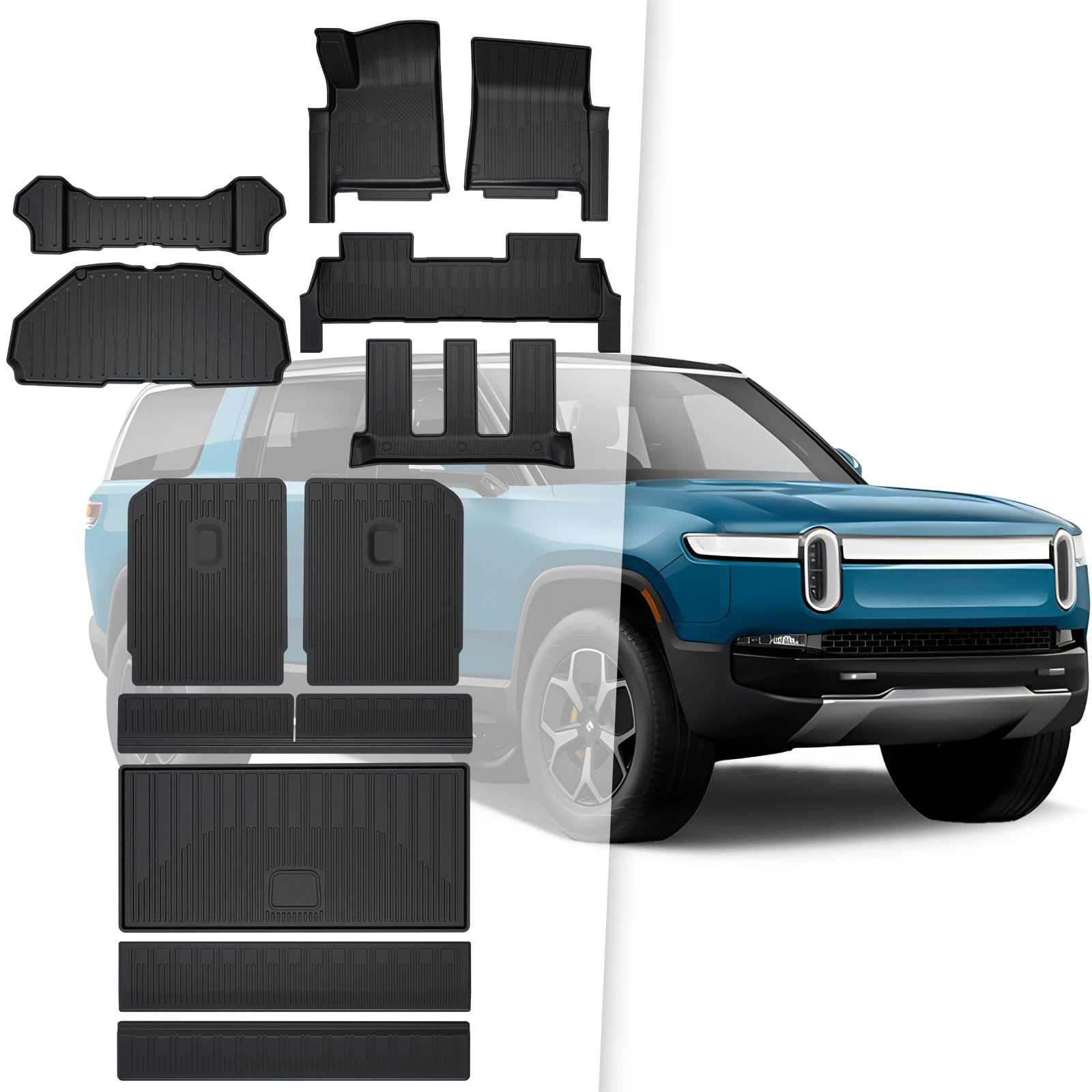 Photo 1 of HOUCLEMIC 12PCS Floor Mats for Rivian R1S 2022-2024, Cargo Liner Mat 3rd Rear Back Seat Cover and Thicken 2.3cm Front Cargo Liners Mat with Upper and Lower Layer for 2024 Rivian R1S Accessories