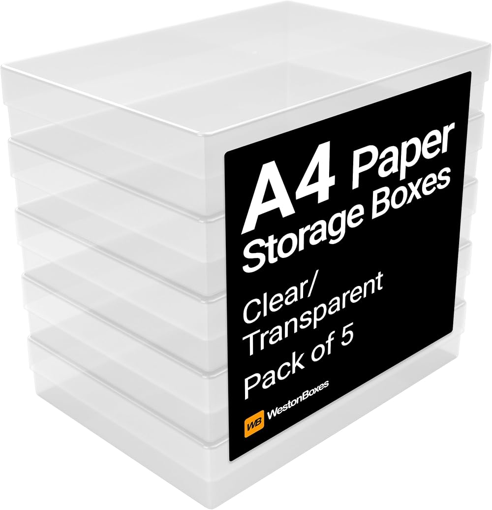 WestonBoxes A4 Plastic Craft Storage Boxes with Lids 3.6L Pack of 5 (Clear)