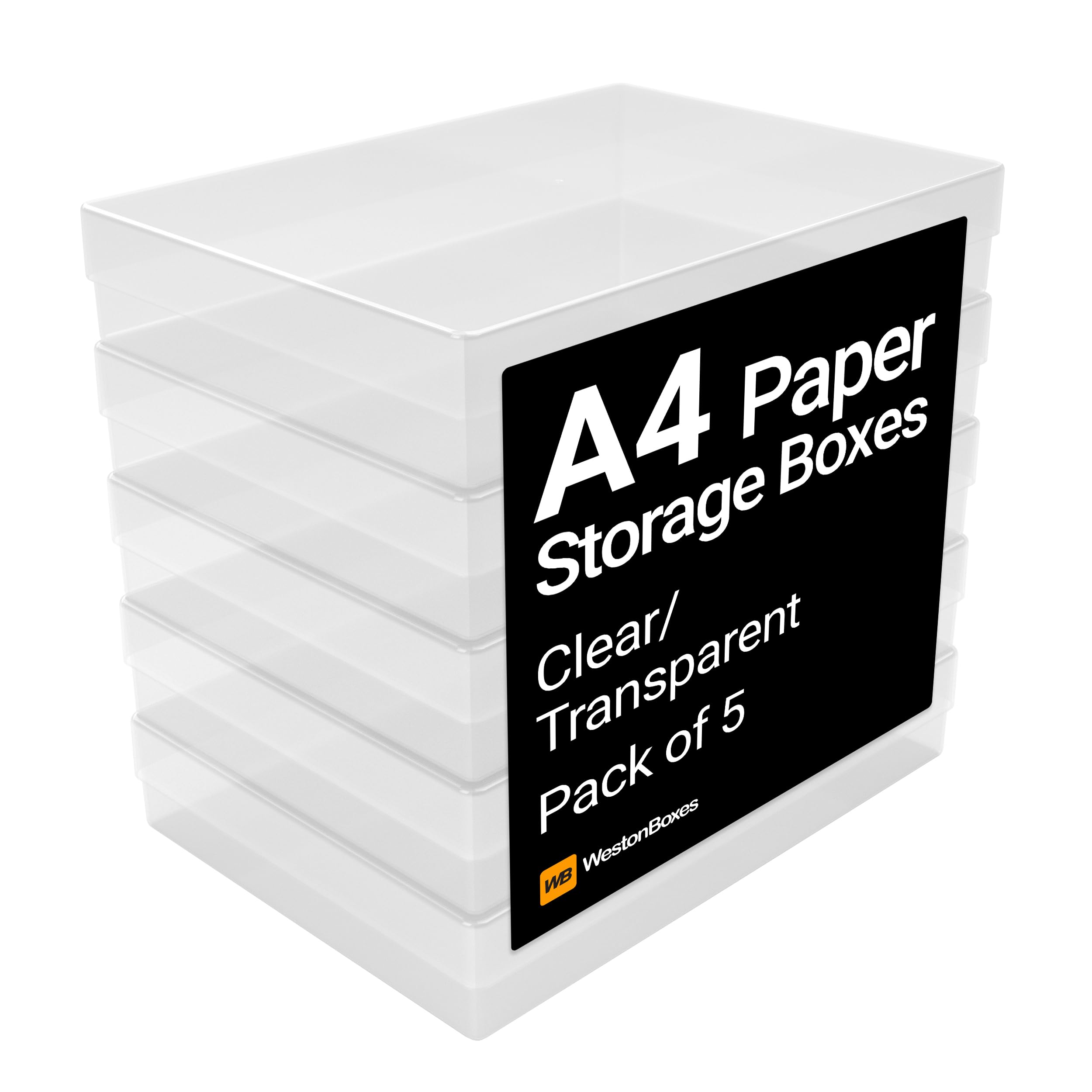 WestonBoxes A4 Plastic Craft Storage Boxes with Lids for Art Supplies, Paper and Card - 3.6 Litre Volume (Clear, Pack of 5) โ image 1