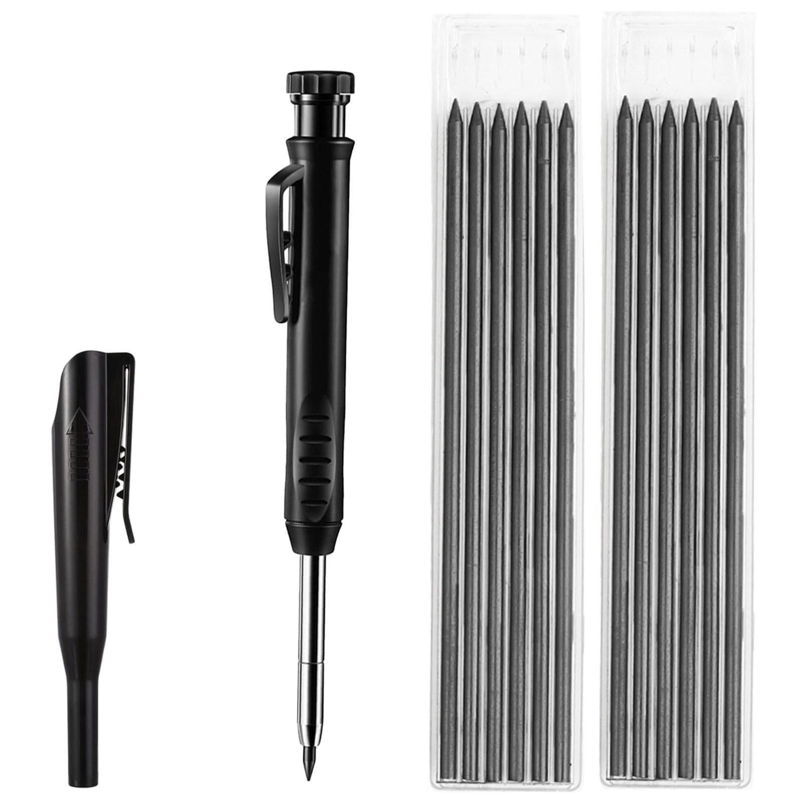 Fychuo Carpenters Pencil with 12Pcs Pencil Refills Black Pencil with Built-In Sharpener Carpenter Pencils Deep Hole Marker Woodworking Tools for Architect Designers Builders Joiners