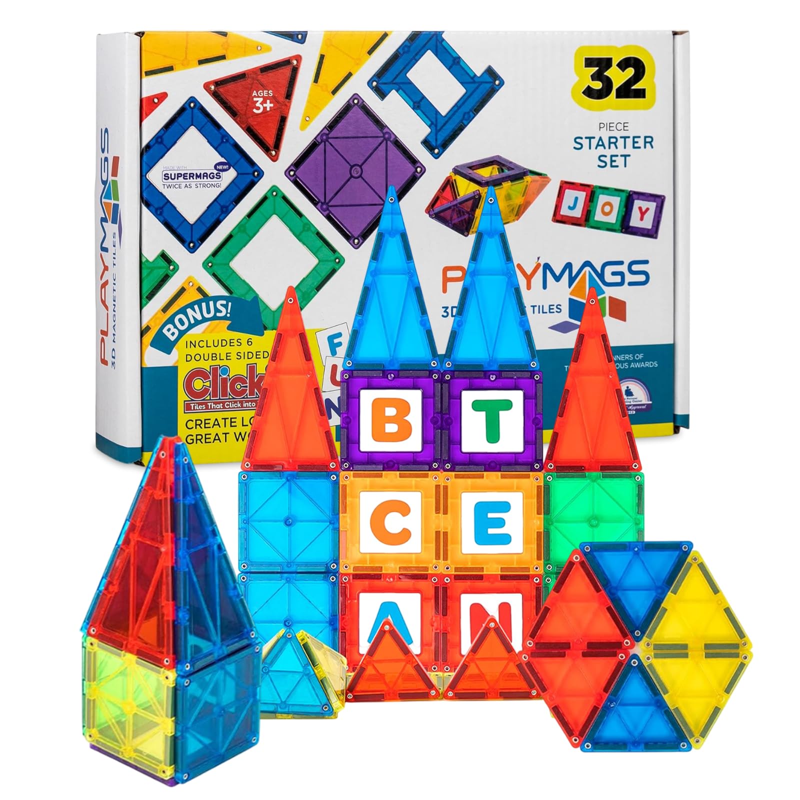Playmags 38 Pcs Colorful Stronger Magnet Tiles Set - Unique Award-Winning Magnetic Building Tiles for Kids, Creativity & Educational Building Toys for Children - STEM Approved Magnetic Toys For Kids