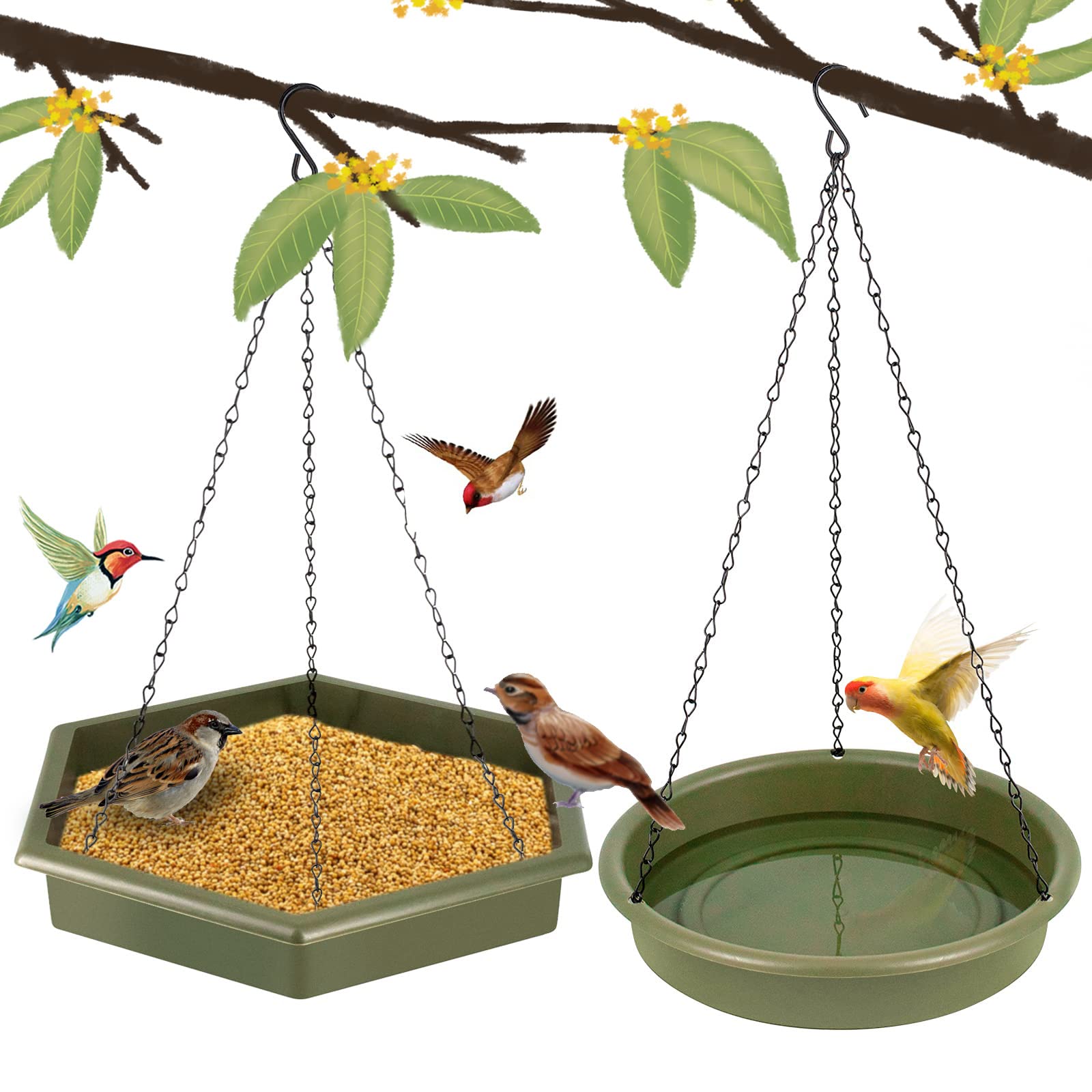Hanging Bird Bath Bird Feeders, 2 in 1 XL Hanging Bird Feeder & Bird Baths for Outdoors, Wild Bird Feeders Hanging Bird Feeder Tray (Military Green)