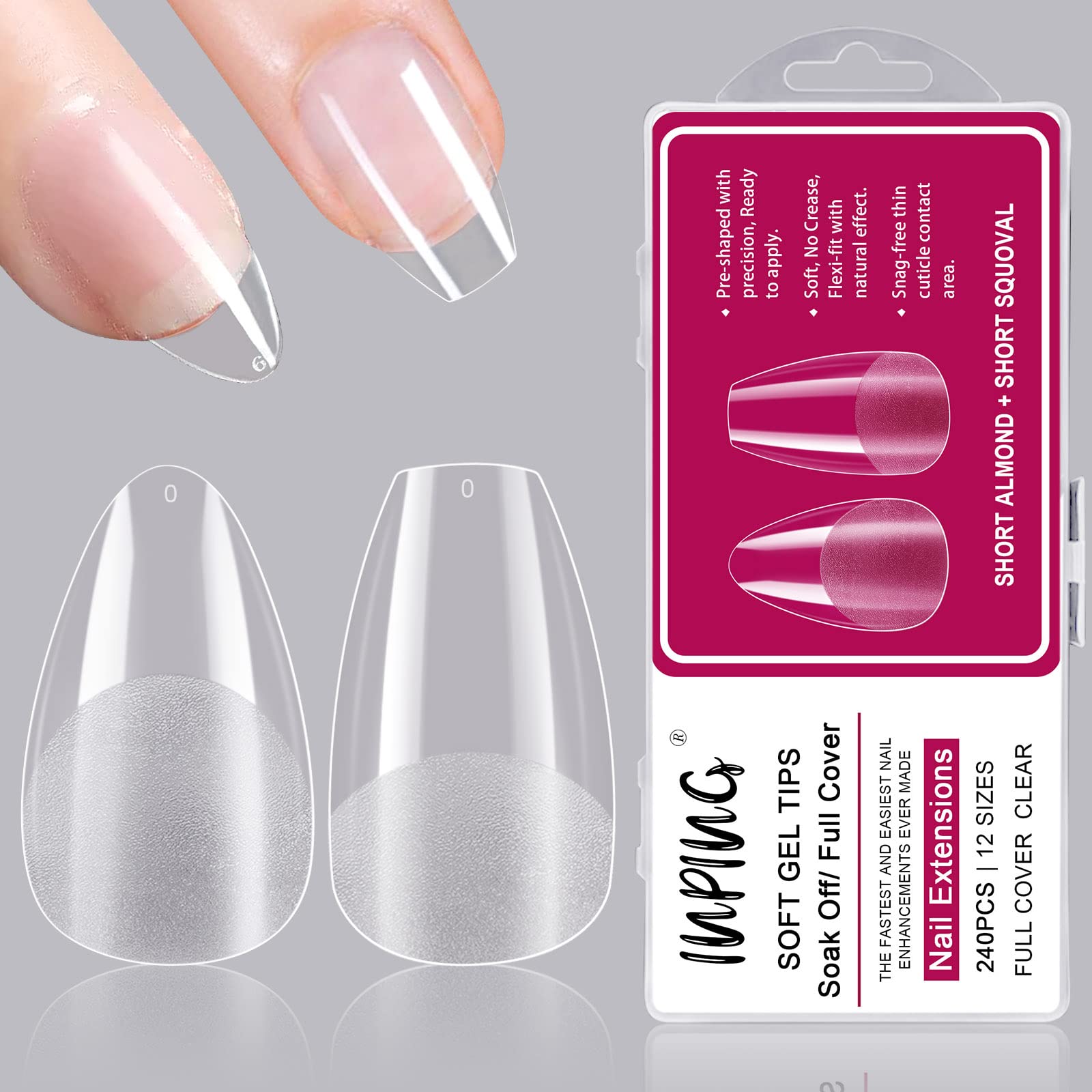 INPING Soft Gel Full Cover Nail Tips, 240PCS 12 Sizes Short Nail Tips, Break Resistant Traceless Mix Acrylic Fake Nails Extensions for Women DIY Manicure Nail Salons, ALMOND & SQUOVAL — image 1