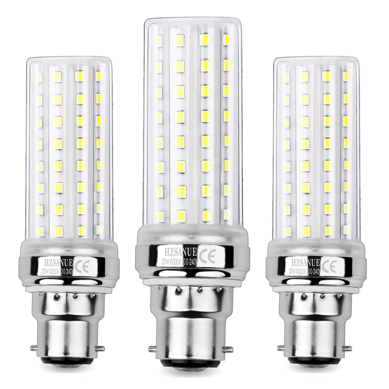 HZSANUE LED Corn Bulbs 20W, 150W Incandescent Bulbs Equivalent, 2300Lm, 6000K Daylight White, B22 Bayonet Cap, Pack of 3