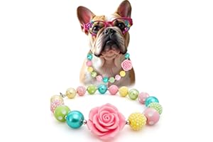 Hosiwei Princess Bubblegum Dog Collar Necklace, Chunky Beads (19mm) with Flower Charm Pet Collar | Adjustable Sparkling Pet Jewelry Accessory for Dogs, Daily Wear & Costume Parties (14-18 in)