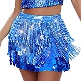 Brishow Christmas Sequin Fringe Skirt, Sparkly Tassel Belly Dance Hip Scarf Wrap Mini Skirt for Women
