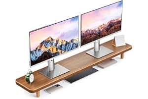 NESTNEAT Dual Monitor Stand Riser, 39Inch Extra Long Wooden Desktop Monitor Riser with Storage for 2 Monitors Ultra Strong Desk Shelf Organizer Riser Ergonomic for 2 Screens/Laptop/PC/TV/Printer, Large, Walnut