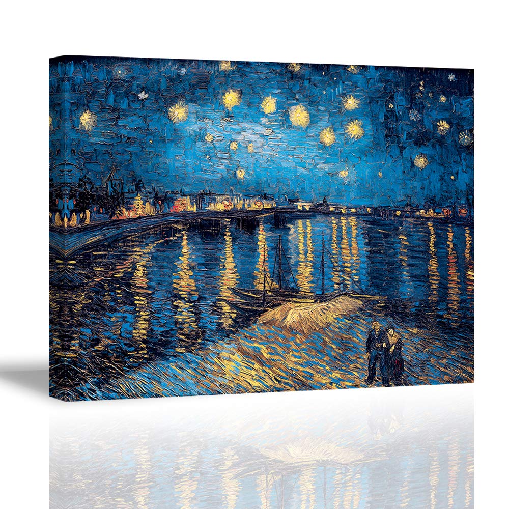 Piy Painting Print on Canvas Reproduction of Starry Night Over the Rhone by Famous Painter Oil Paintings Modern Decorative Artwork Ready Hanging for Living Room New Year Gift 30x40cm