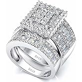 Pophylis Platinum over Sterling Silver Big Womens Bridal Rings Set Bling Princess Cut Cubic Zirconia Size 5-11