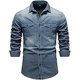 Kissonic Mens Denim Shirt Long Sleeve Slim Fit Jean Shirt for Men Button Down Causal Striped Denim Shirts
