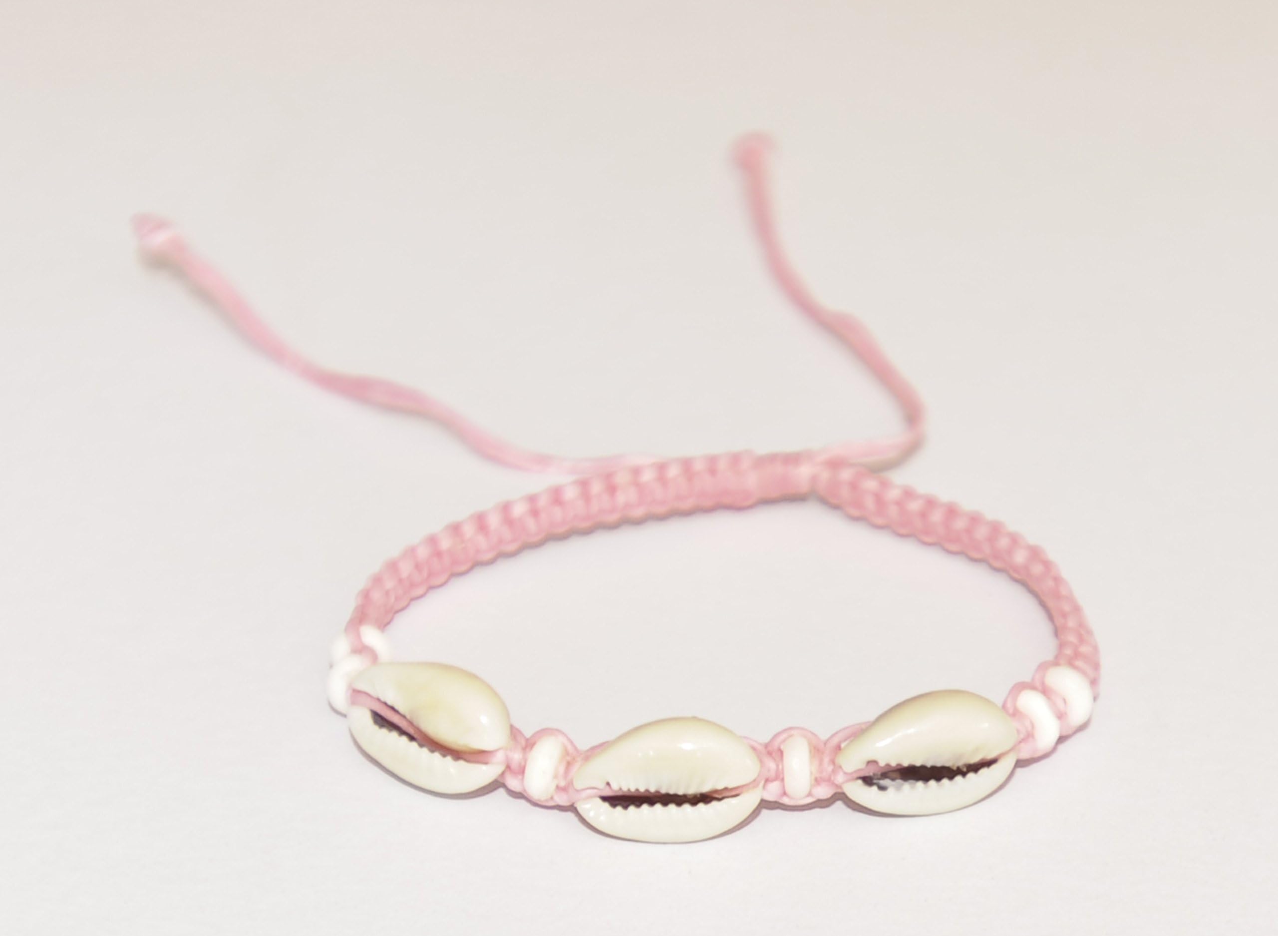Surfers Path Cowrie shell and seed bead tie cord adjustable tribal bracelet (handmade in bali).Creamy Pink
