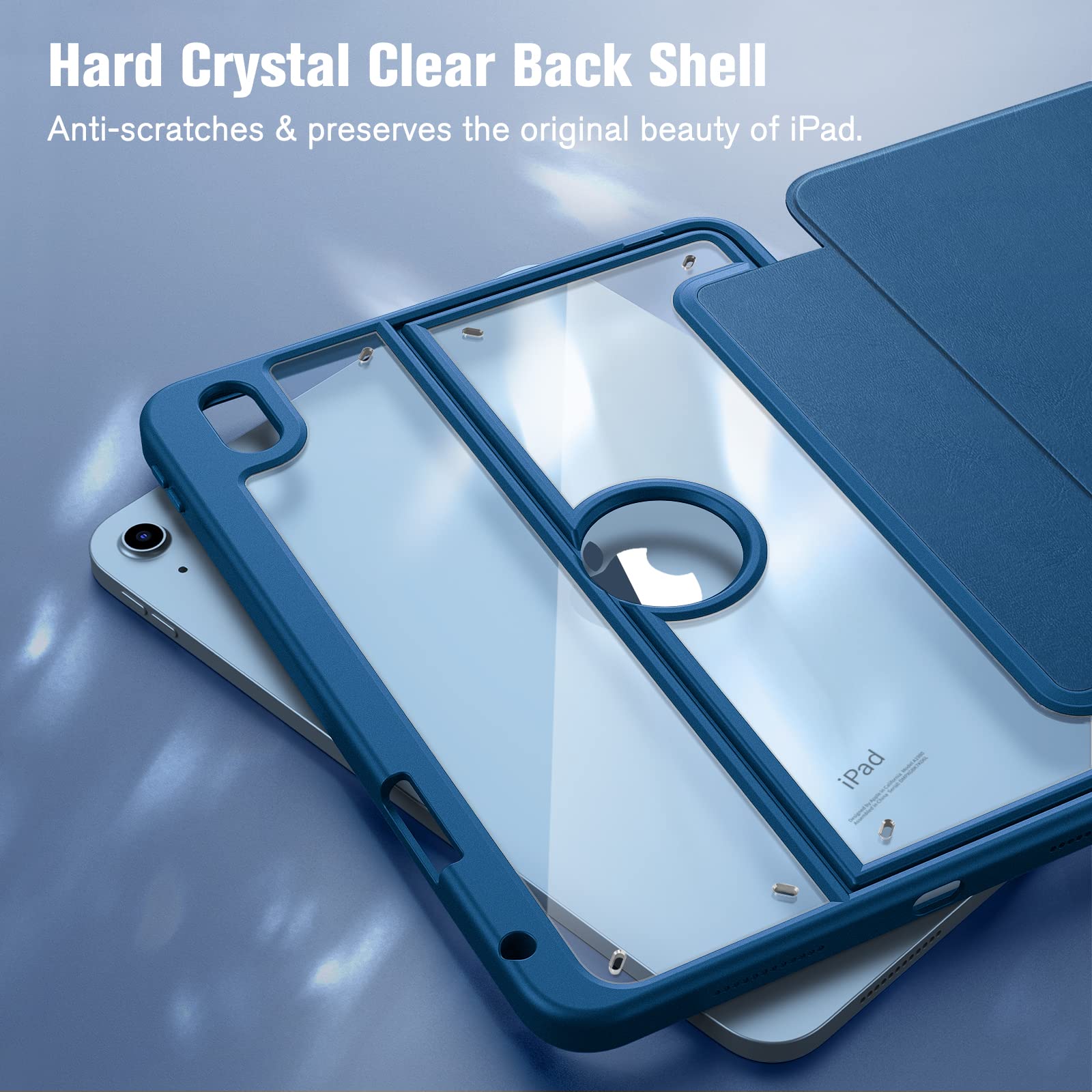 Fintie Clear Case for iPad 10th Generation 10.9 Inch Tablet (2022 Release) - Multiple Angles Viewing Shockproof Soft TPU Cover with Transparent Back Shell & Pencil Holder, Marine Blue