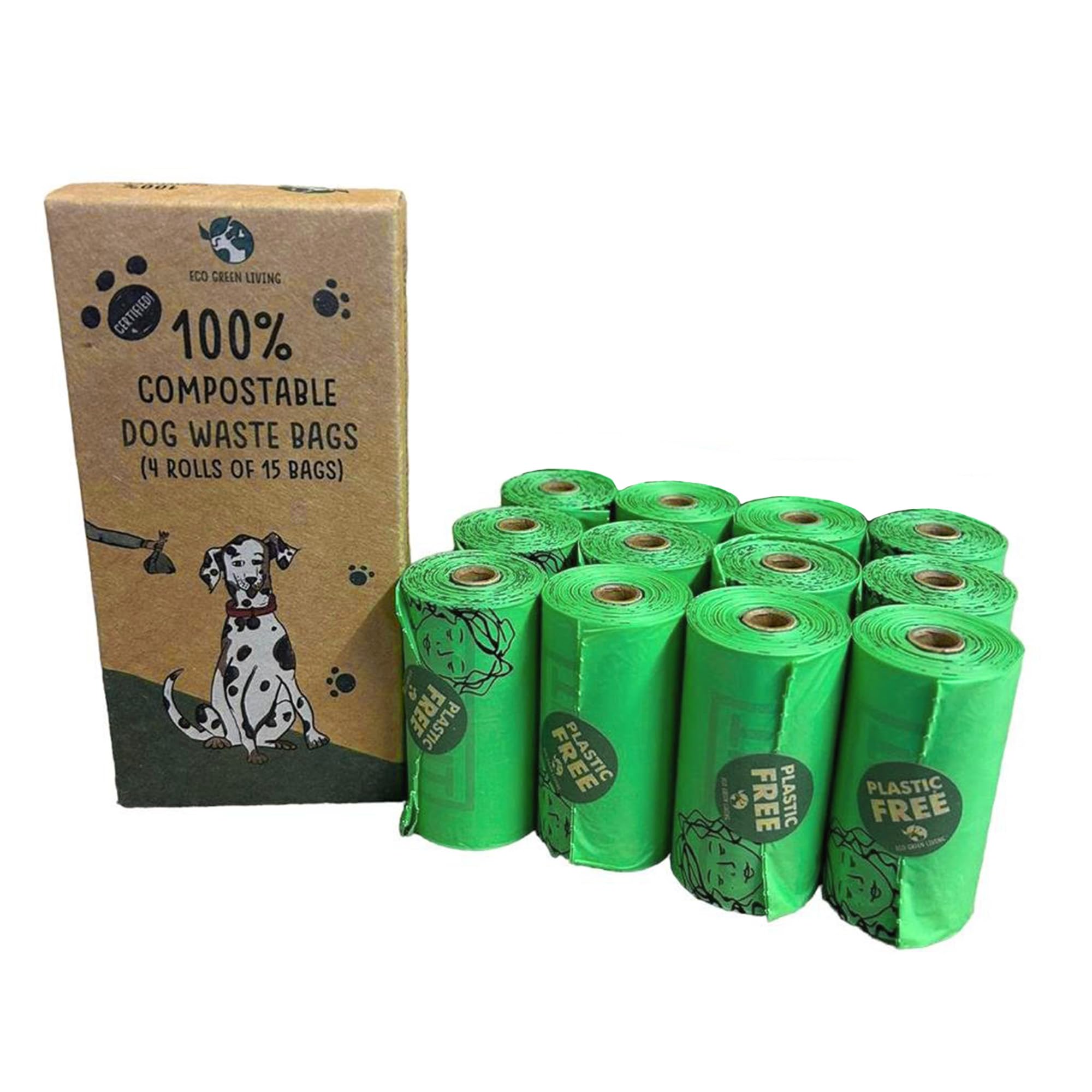 Eco Green Living Compostable Dog Waste Bags, Plastic Free & Leakproof Doggy Poo Bags, Odour Locking Dog Poop Bag Rolls - Trio Pack (180 Bags)