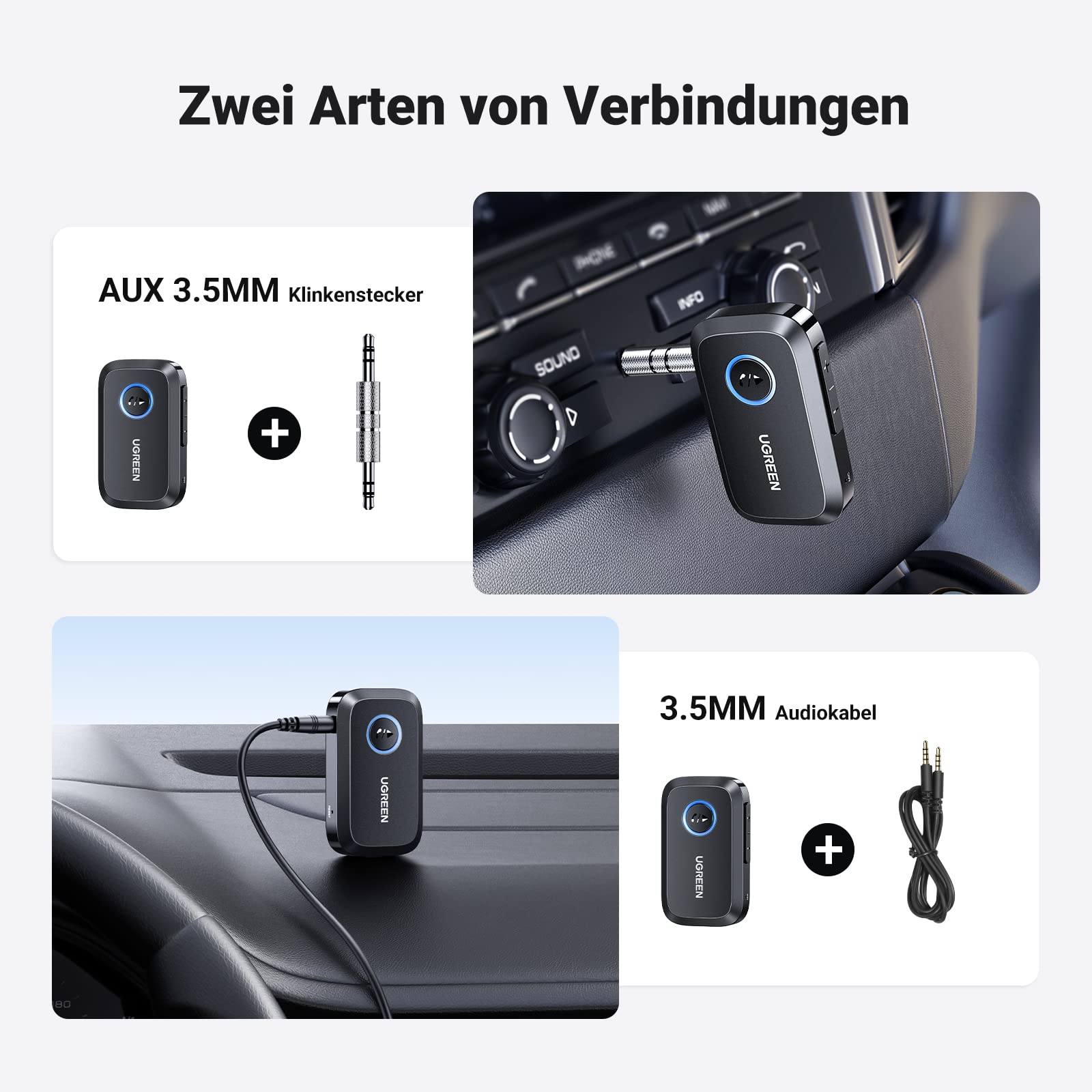 UGREEN Aux Bluetooth Adapter Auto Bluetooth 6.0 Empfänger Freisprechanruf, Stereo Musik, Dualer Kopplung mit 15 Stunden Spielzeit Klinke Adapter für Autoradio/Stereoanlage(Schwarz) 5