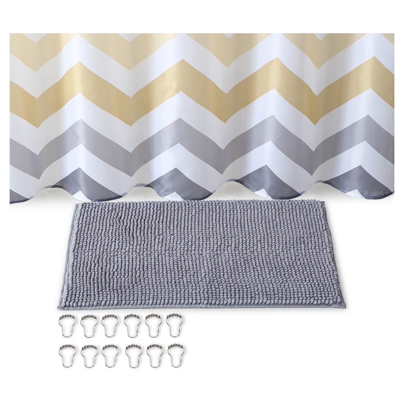 Bibb Home 14 Piece Shower Curtain & Anti-Slip Noodle Chenille Bath Rug Mat Set with 12 Metal Roller Hooks - Mildew Resistant Waterproof Water-Repellent & Antibacterial (Red Moroccan)