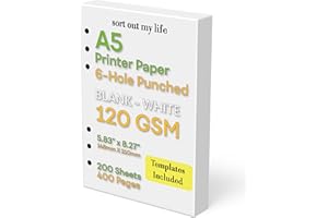 SORT OUT MY LIFE A5 Blank Paper, 120 GSM, 6-Hole Punched, 200 Sheets (400 Pages), Printer Paper 148 x 210 mm (5.83 in x 8.27 in)