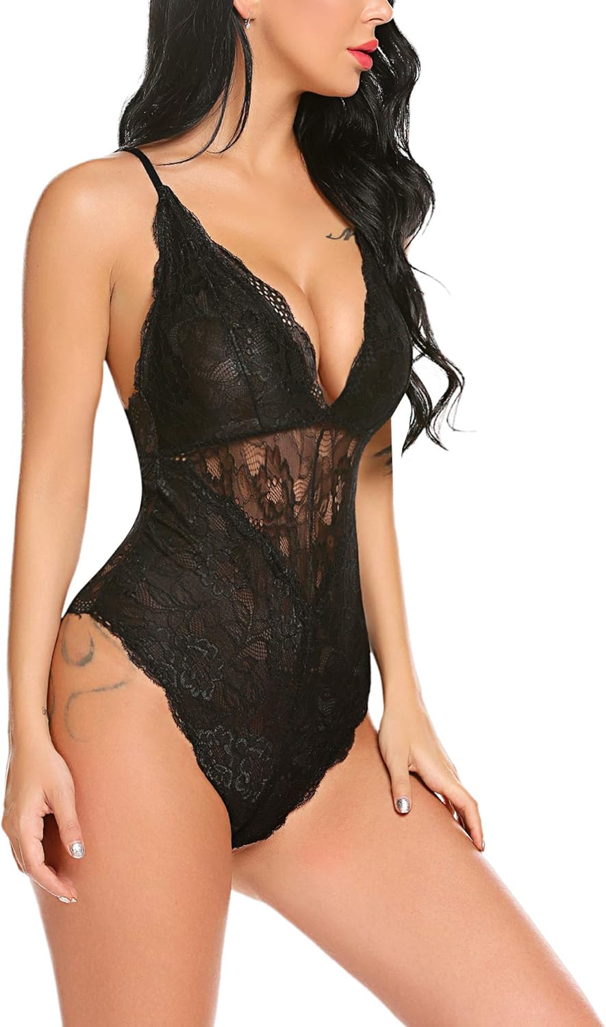 Avidlove Women Snap Crotch Lingerie Sexy Lace Bodysuit Deep V Teddy One Piece Lace Babydoll at  Women’s Clothing store