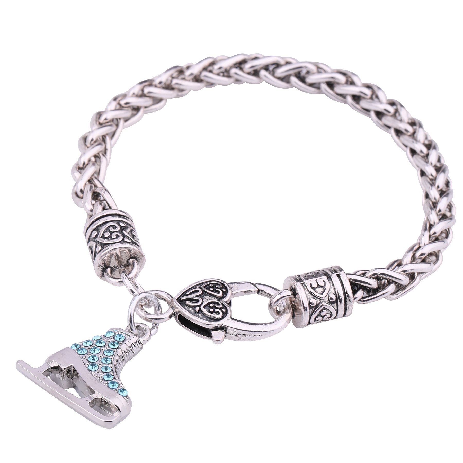 My Shape 3D Turquoise Crystal Ice Skate Figure Skating Charm Bracelet Bangle for Girls Fashion Jewelry, Alloy