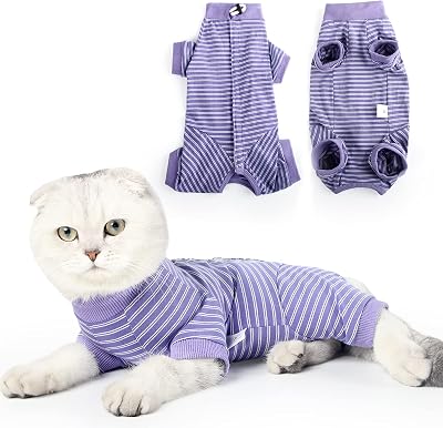 HEYWEAN Cat Recovery Suit Bodysuit After Surgery Stripes Long Sleeve
