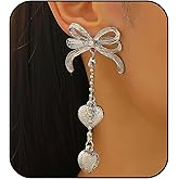 ZXYMHL Lovely Ribbon Bow Dangle Earrings for Women Gold Silver Bowknot Heart Fringe Drop Earrings Dainty Lightweight Christmas Jewelry